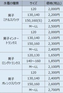 男子スクール水着料金表