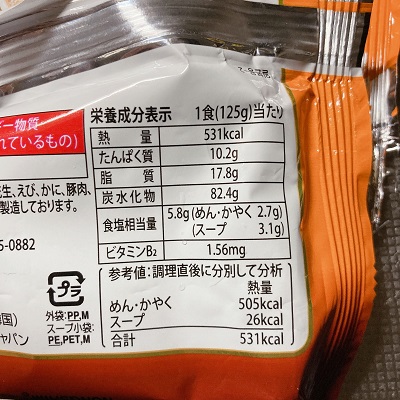 安城湯麺の栄養成分表示