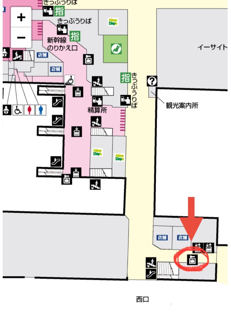 JR東日本 群馬県 高崎駅構内図 2階コインロッカーの場所を赤丸で示している